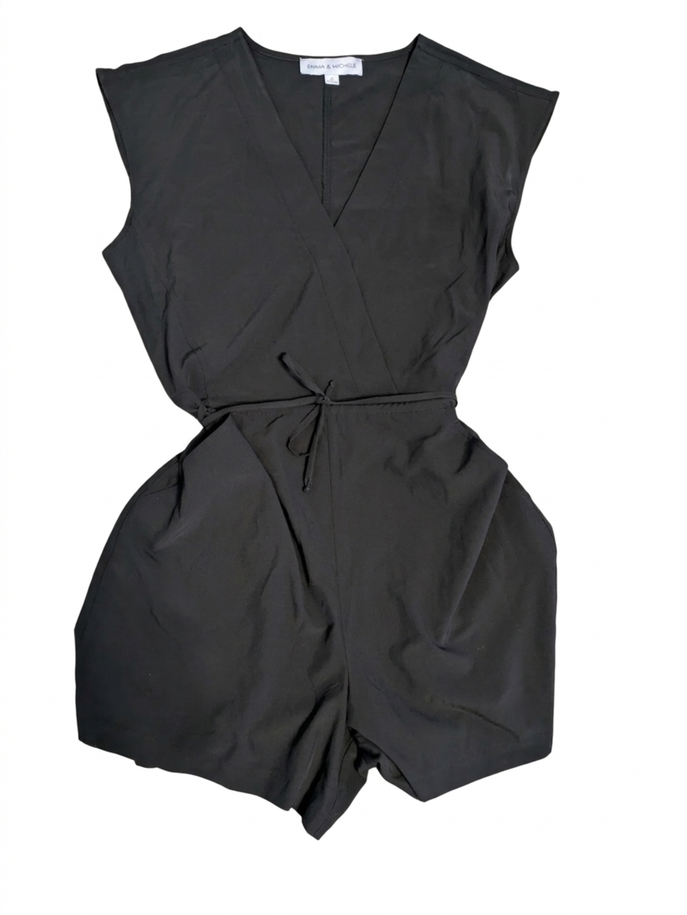 Emma & Michele Black Wrap Romper Size Medium M Faux Wrap V-Neck Tie Waist